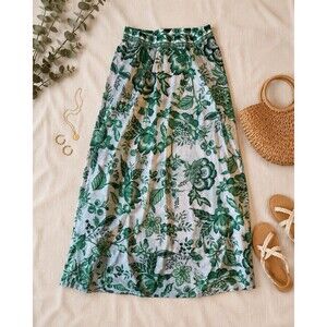 BloomChic Women’s Green Floral Maxi Skirt White Boho Cottagecore Elastic Waist S